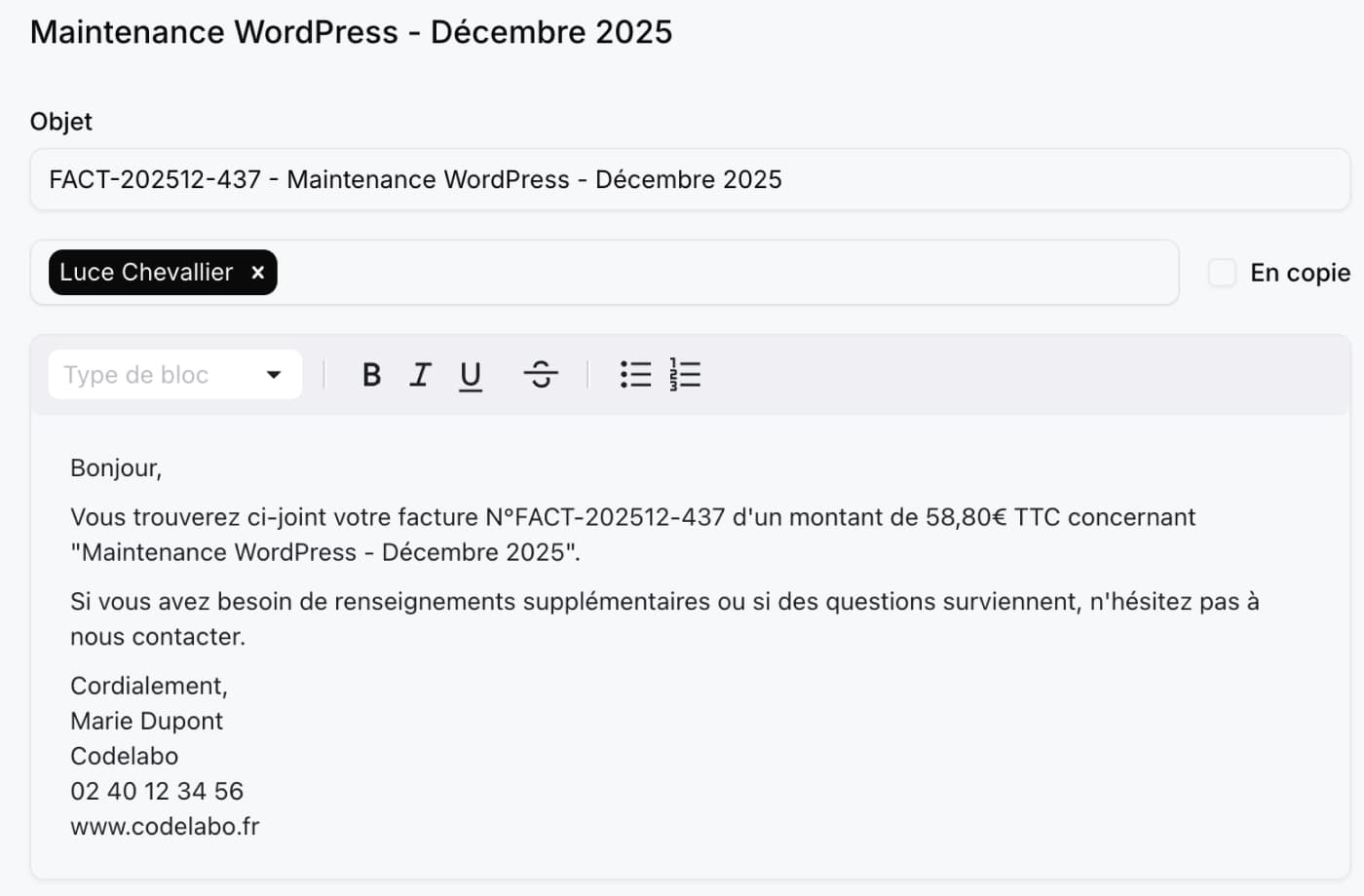 Liste des modèles d'emails personnalisables