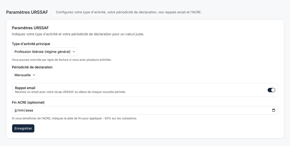 Configuration URSSAF : type d'activité, ACRE, périodicité