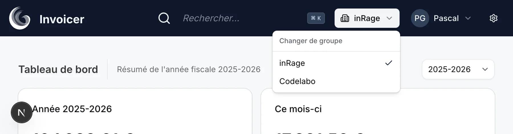 Sélecteur de groupe pour changer d'entreprise
