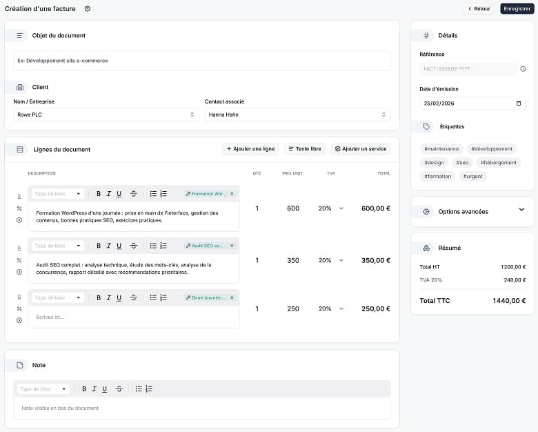 Formulaire de création de document