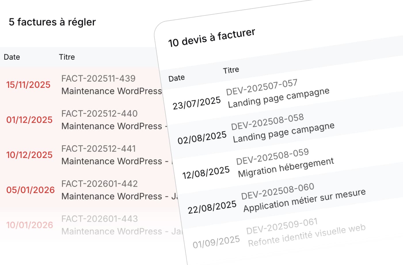 Factures à régler et devis à facturer