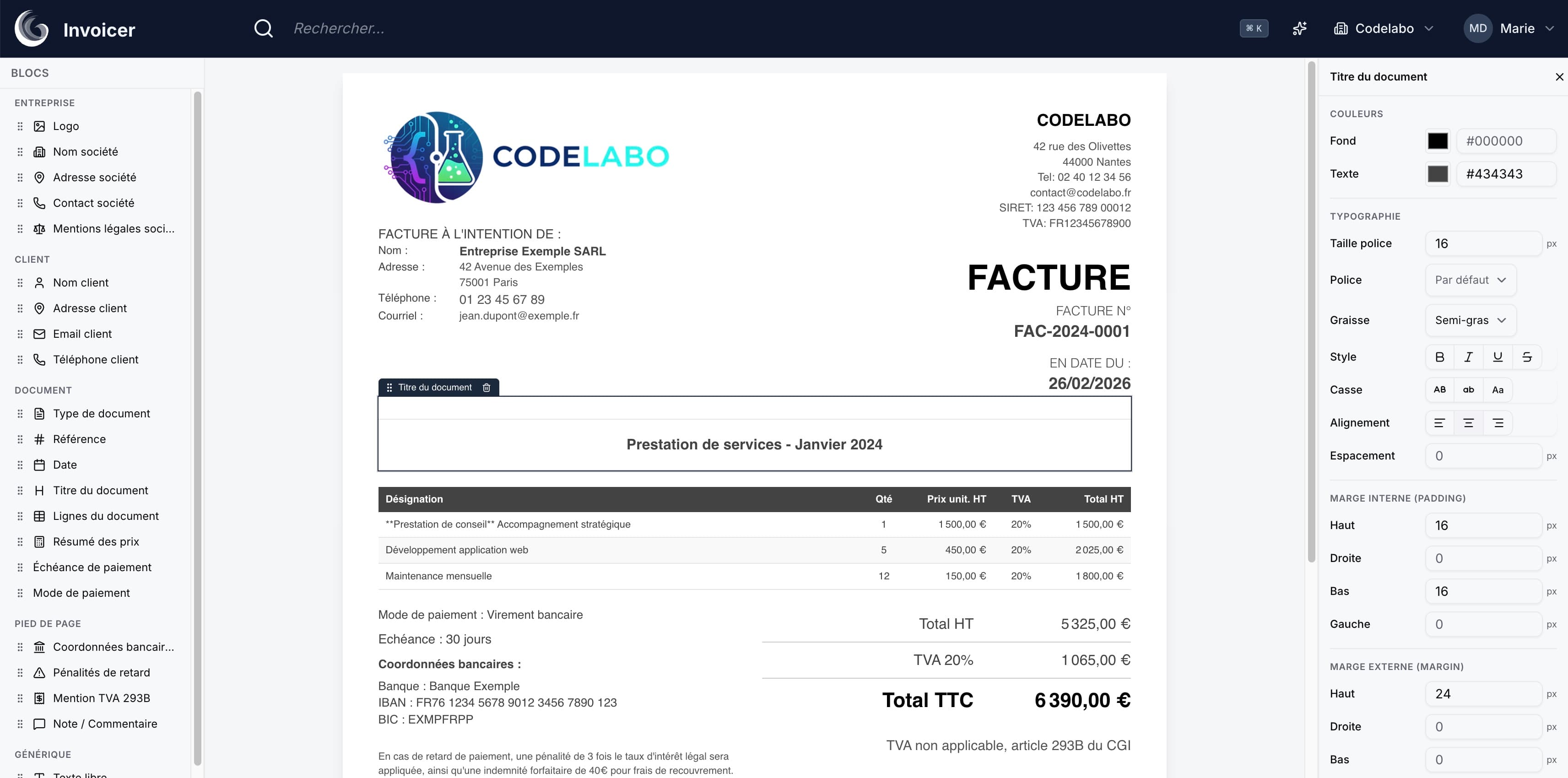 Éditeur visuel de personnalisation des factures PDF