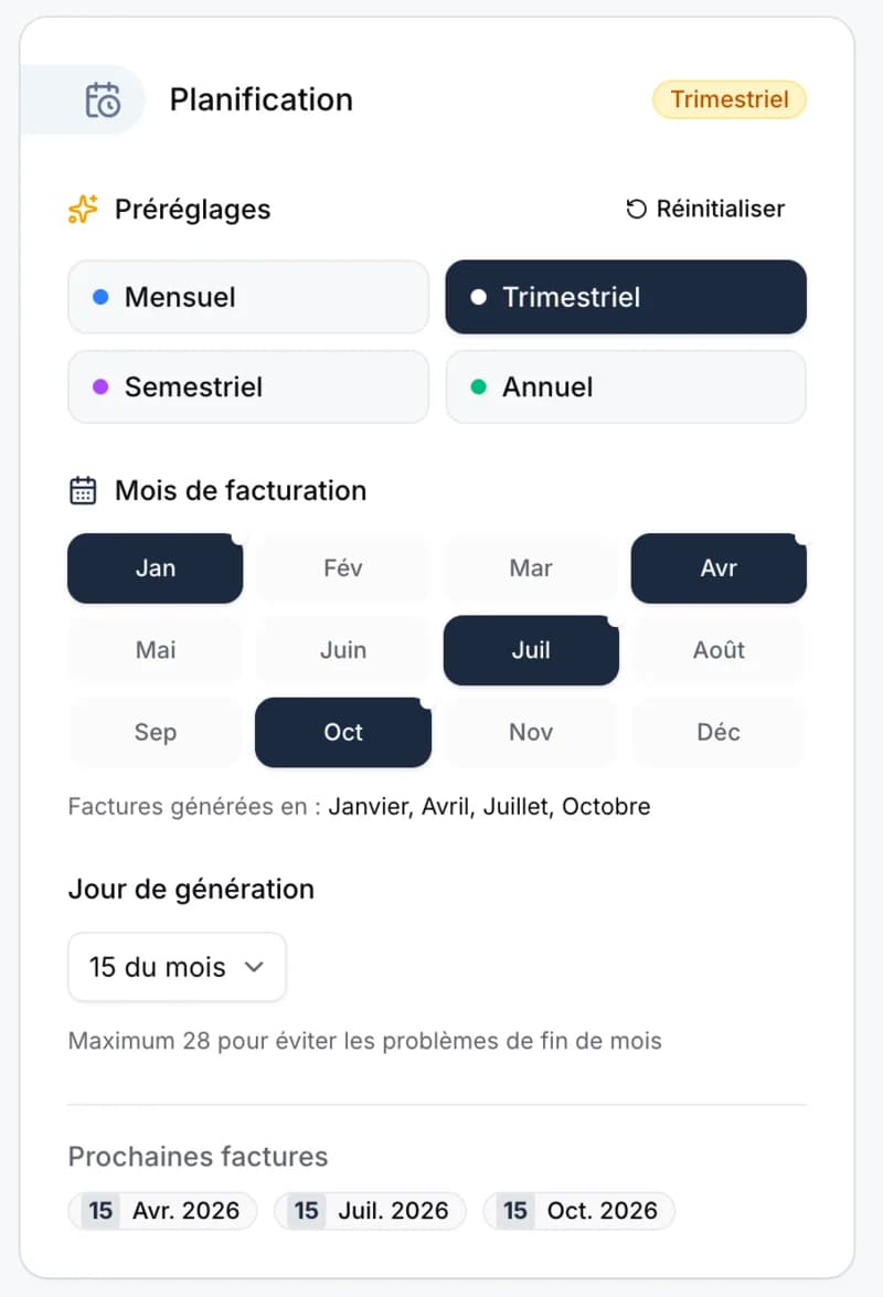 Calendrier de planification des abonnements